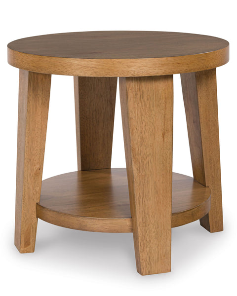 Light Brown Round End Table with Lower Shelf
