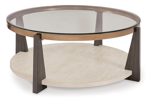 Round Glass Coffee Table with Faux Travertine Shelf and Casters