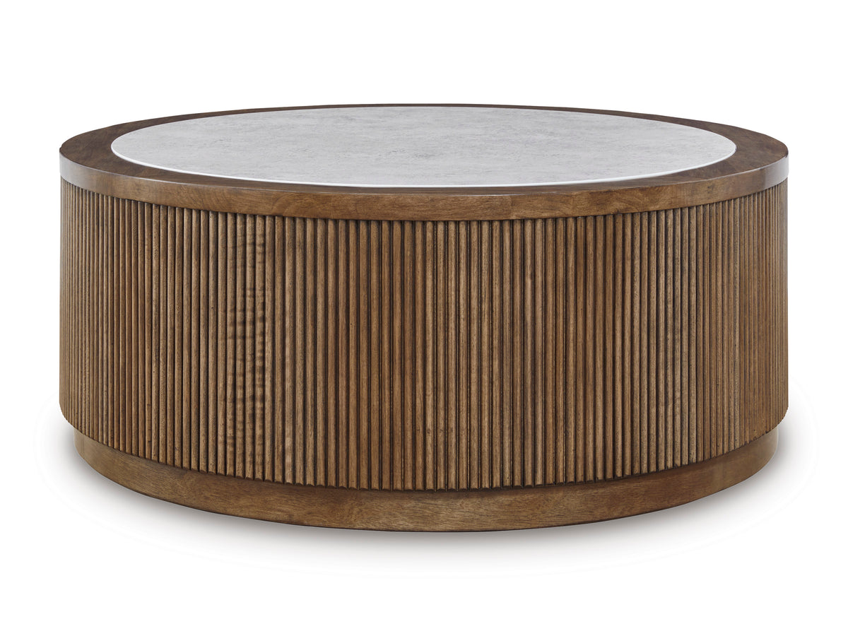 Brown round faux stone top coffee table, full product view