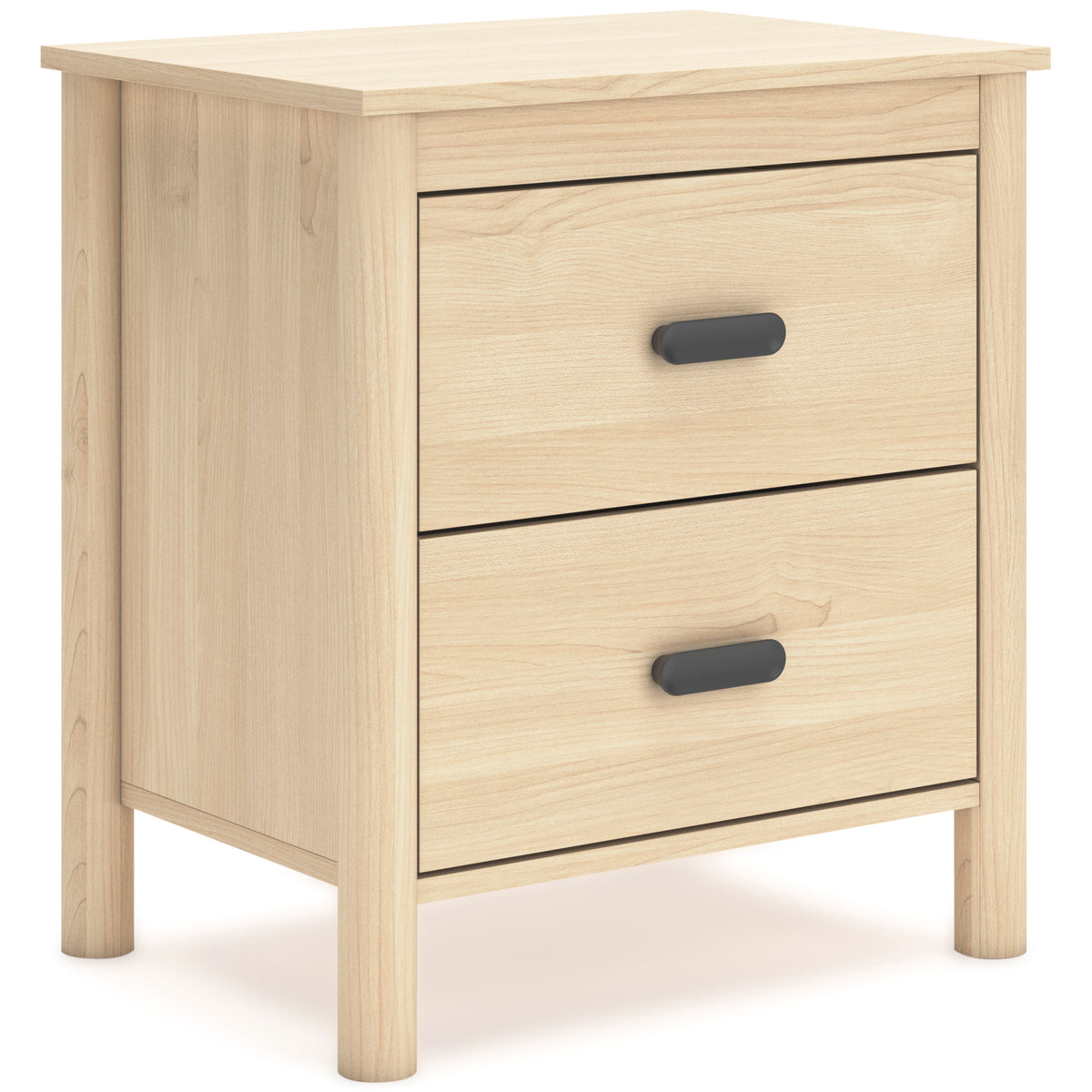 Tan, complete two-drawer nightstand, angled view