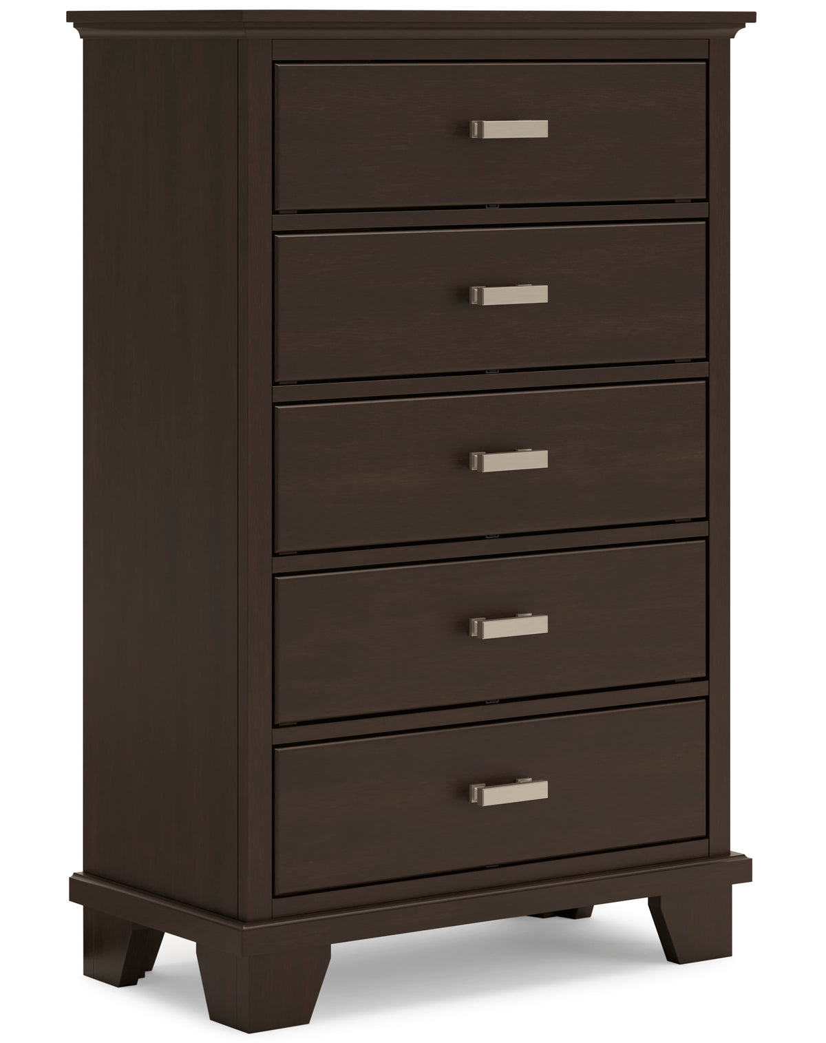 Dark Brown, complete five-drawer chest, angled view