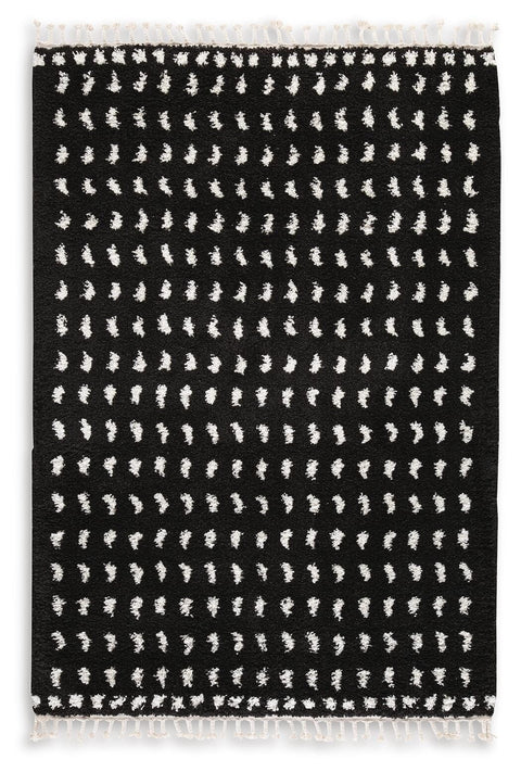 Black and White Dotted Shag Rug with Braided Tassels