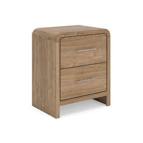 Warm Brown Two-Drawer Nightstand with Curved Edges and USB