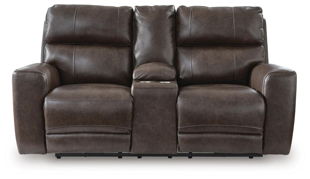Smoke, complete power reclining loveseat, front view