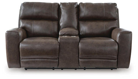 Leather-Match Power Reclining Loveseat with Console in Smoke