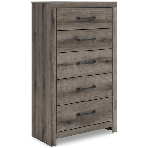 Weathered Gray Five-Drawer Chest with Oak-Grain Finish