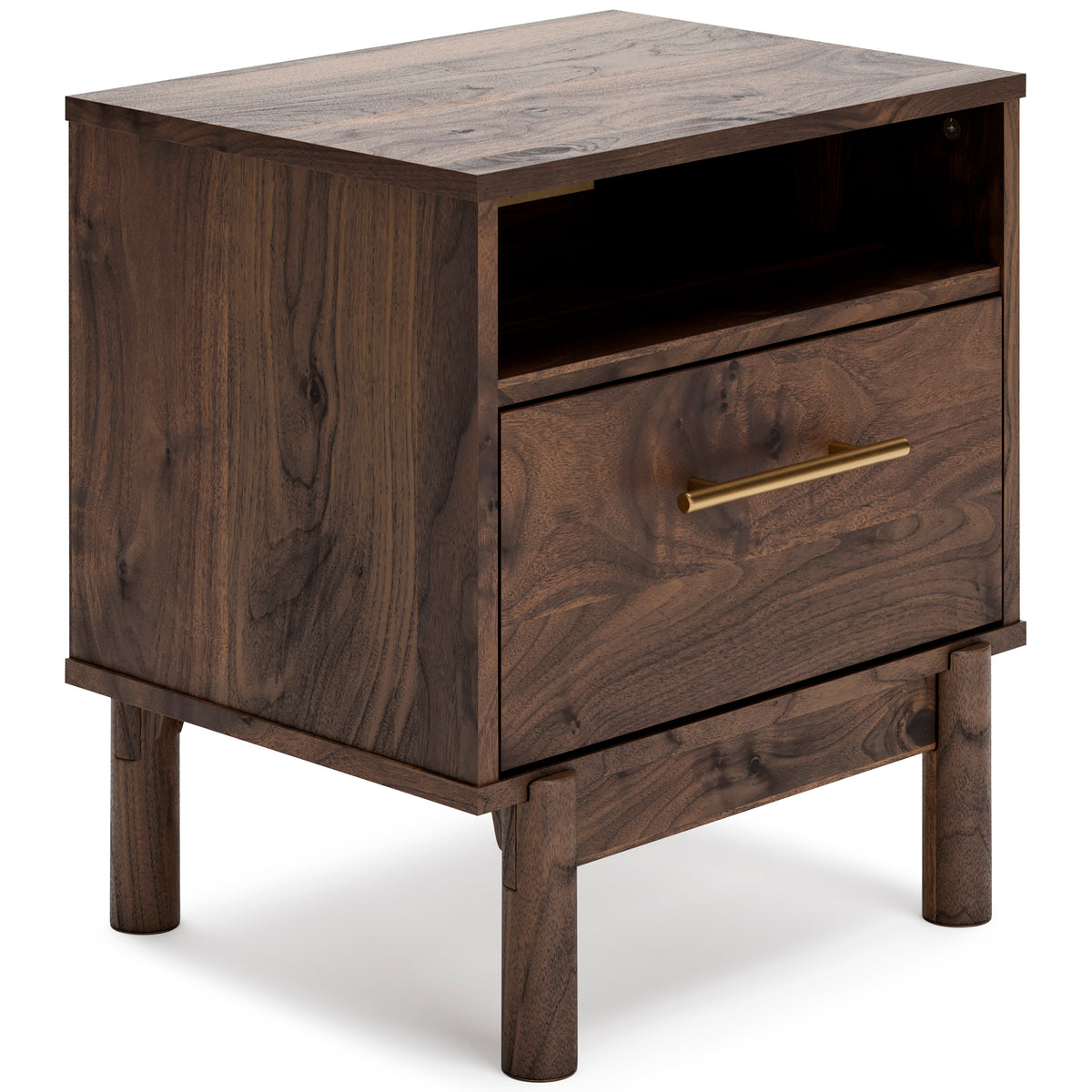 Mocha, complete one-drawer nightstand, angled view