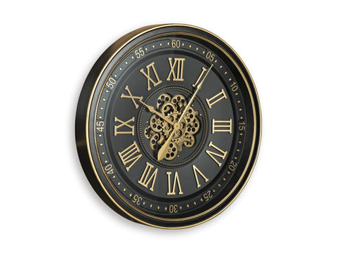 Black and Goldtone Roman Numeral Wall Clock with Moving Gears