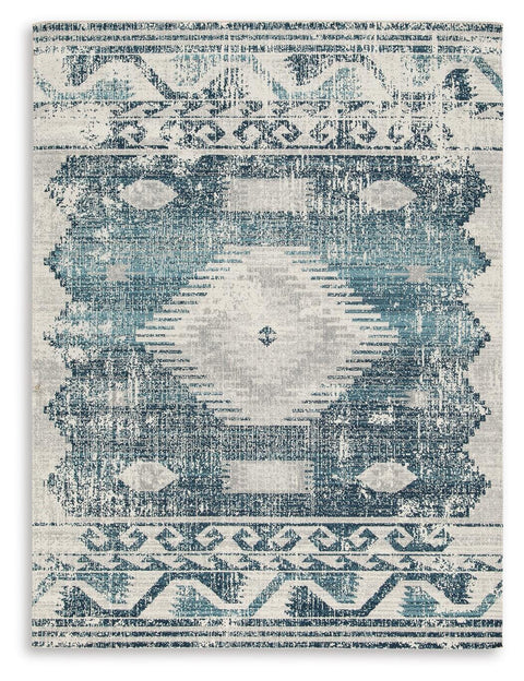 Blue, Gray and Ivory Medallion Indoor/Outdoor Rug