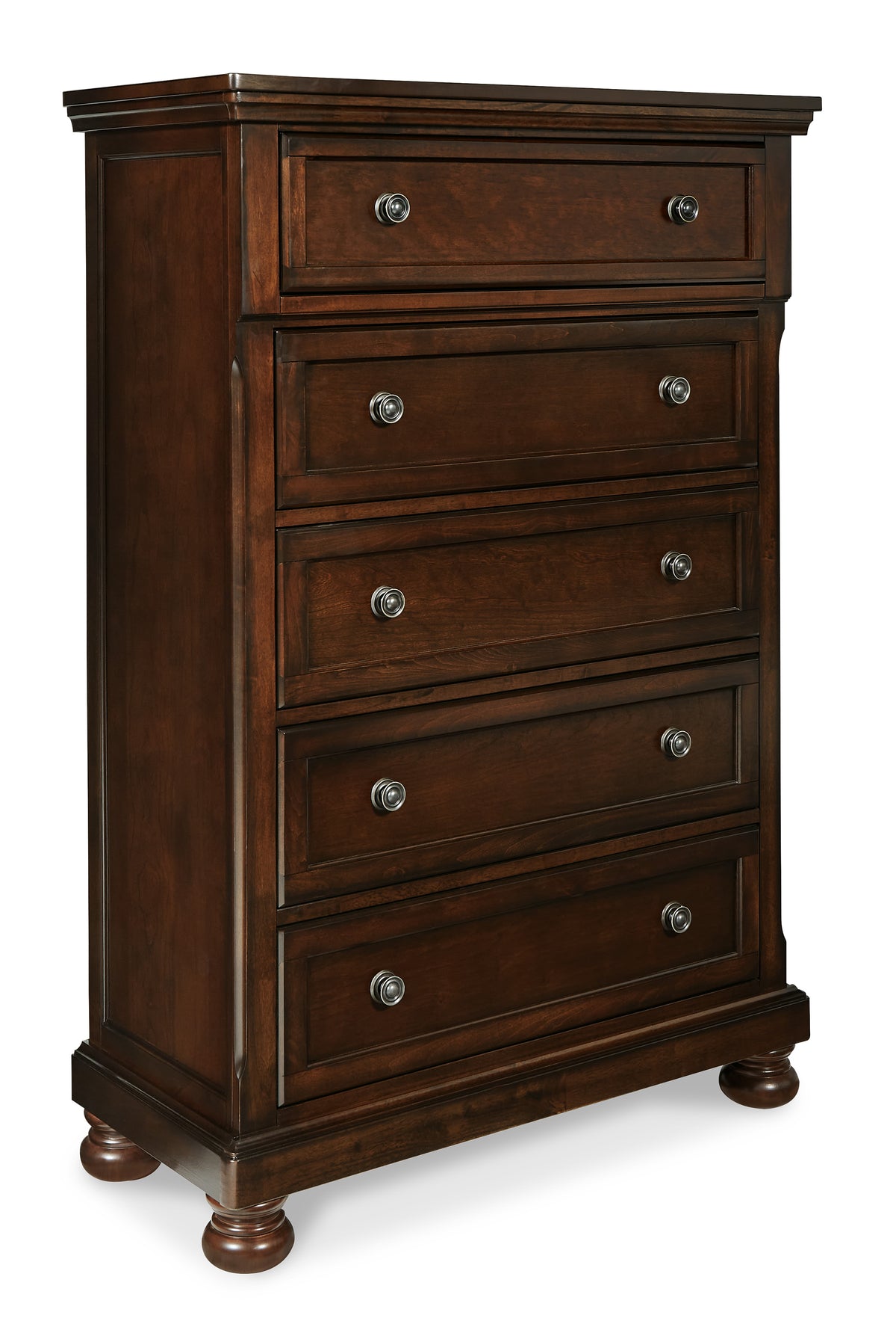 Rustic Brown, complete five-drawer chest, angled view