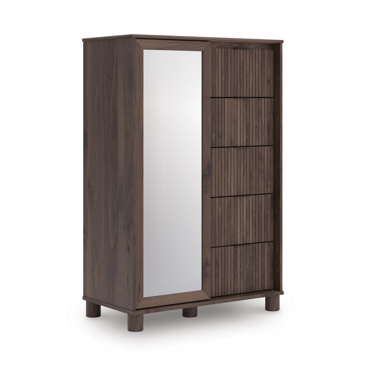 Brown / Brown Reeded Dressing Chest with Mirrored Door — complete product angled view