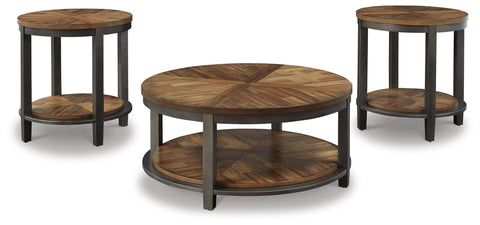 Round Acacia-Finish Coffee Table and End Tables — 3-Piece Set