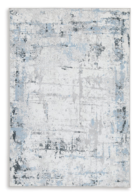 Blue White and Gray Distressed Abstract Machine-Washable Rug