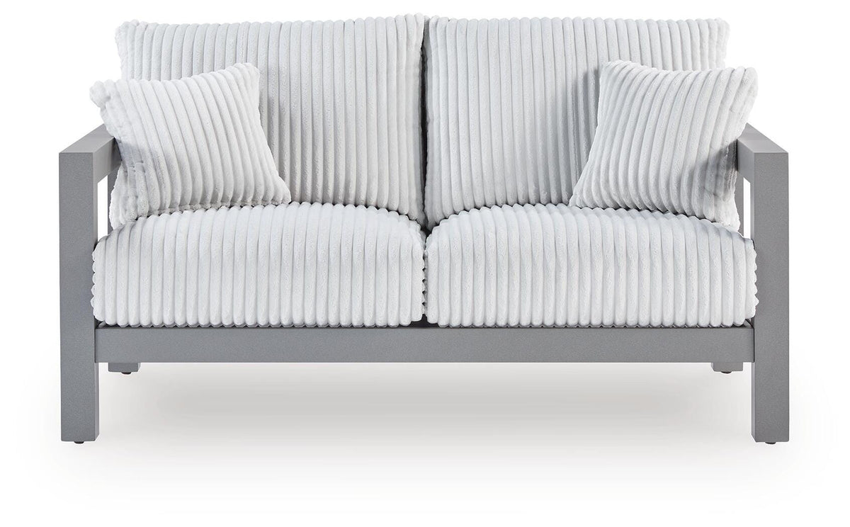Gray, complete outdoor loveseat front view