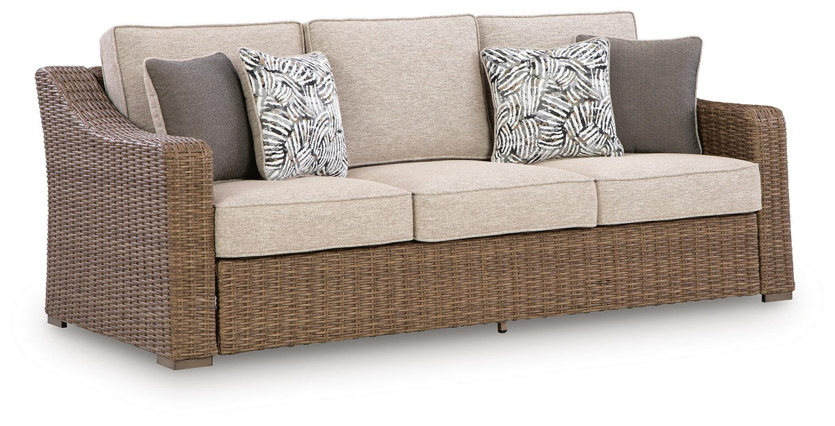 Beige, full sofa with cushions and four pillows