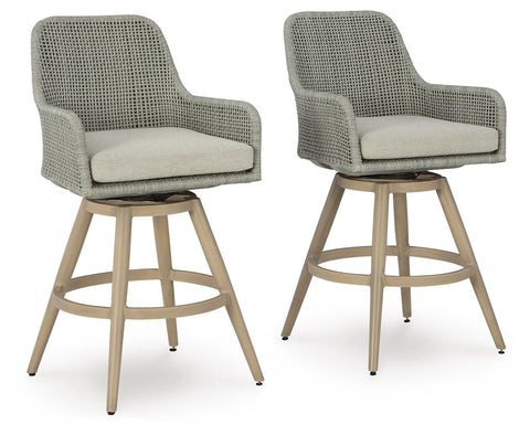 Gray Wicker Outdoor Swivel Bar Stools with Cushions, Set of 2