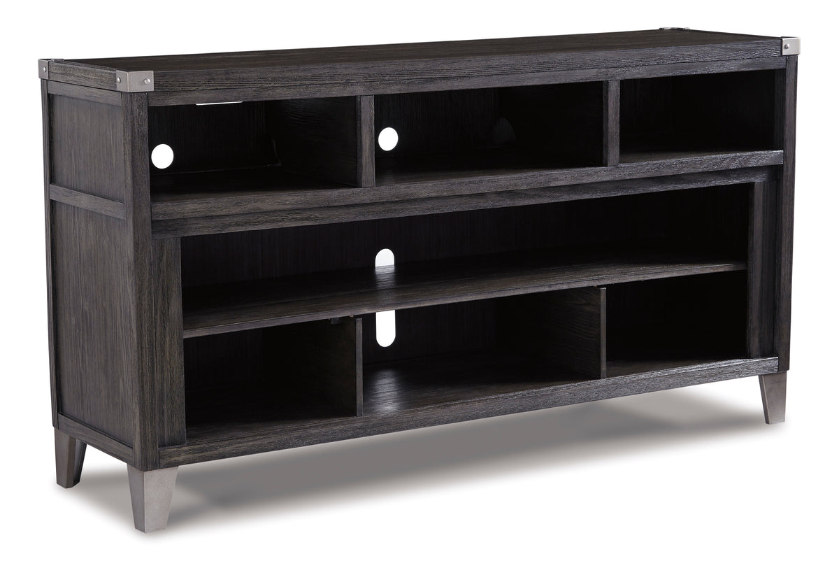 Gray TV stand, full product view