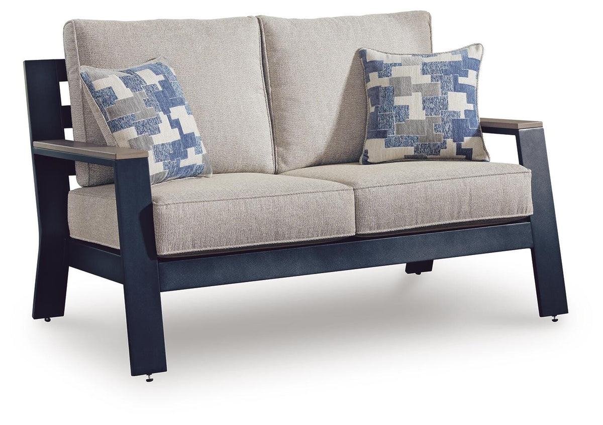 Navy Blue/Driftwood, full loveseat with cushions and two pillows