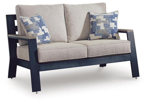 Navy Blue and Driftwood Outdoor Loveseat with Cushions and Two Pillows