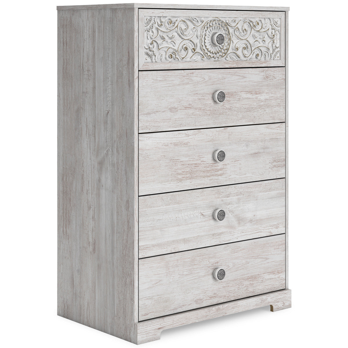 Whitewash, complete five-drawer chest, angled view