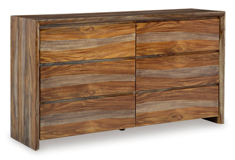Natural Sheesham Wood and Veneer Six-Drawer Dresser