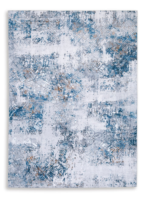 Blue and Honey Distressed Abstract Machine-Washable Rug