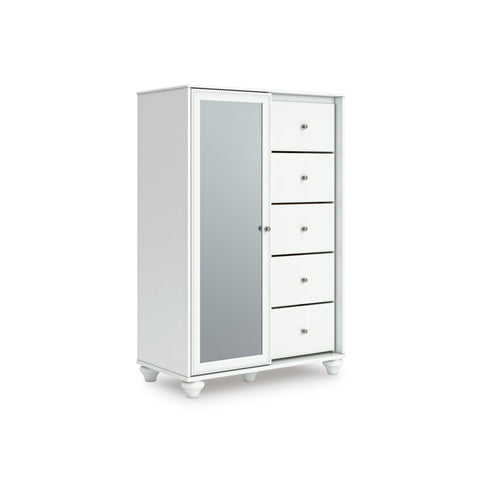 White Five-Drawer Dressing Chest with Mirrored Storage Cabinet