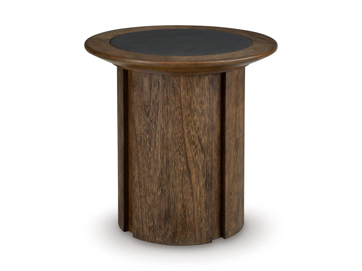 Warm Brown Round Faux-Cement Inset End Table, full product view