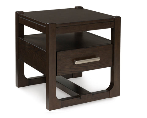 Dark Brown Square End Table with Drawer and Open Shelf
