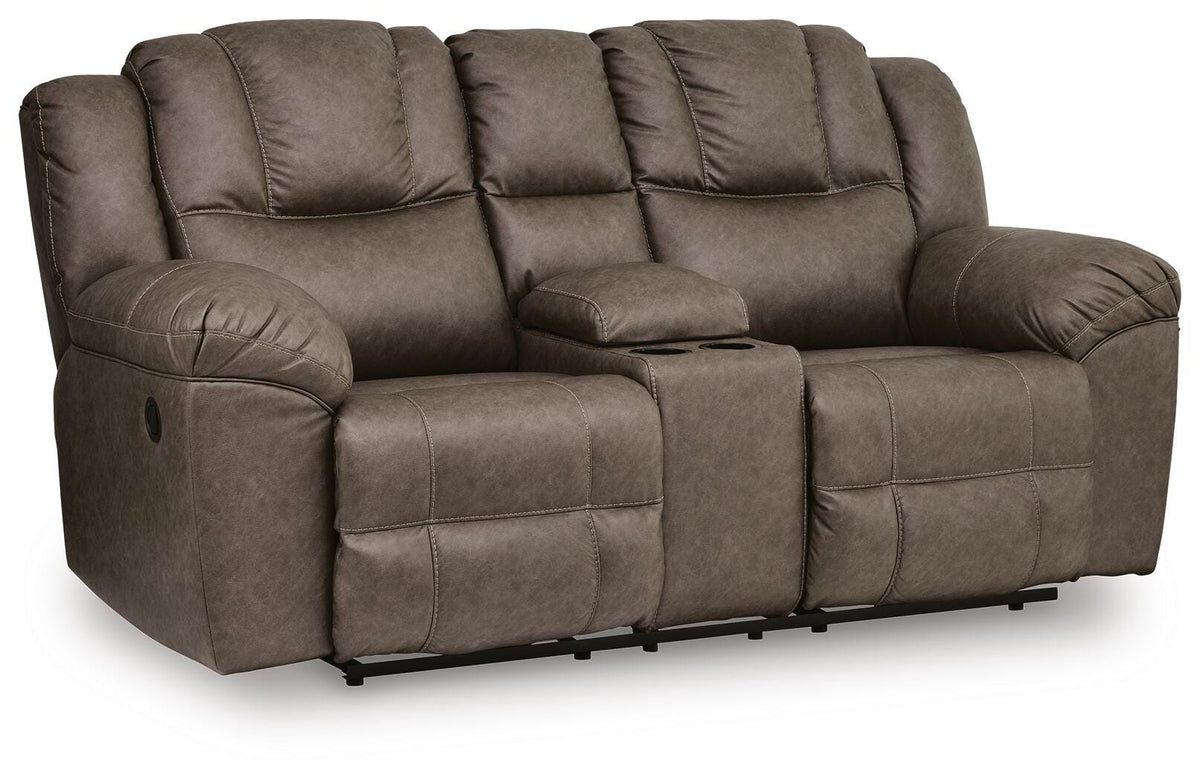 Driftwood, complete manual reclining loveseat, angled view