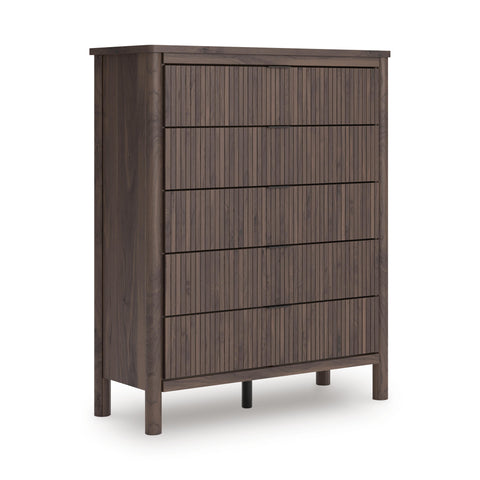 Brown Reeded Five-Drawer Wide Chest with Walnut-Look Finish