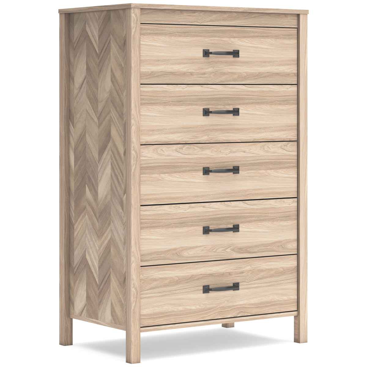 Tan, complete five-drawer chest, angled view