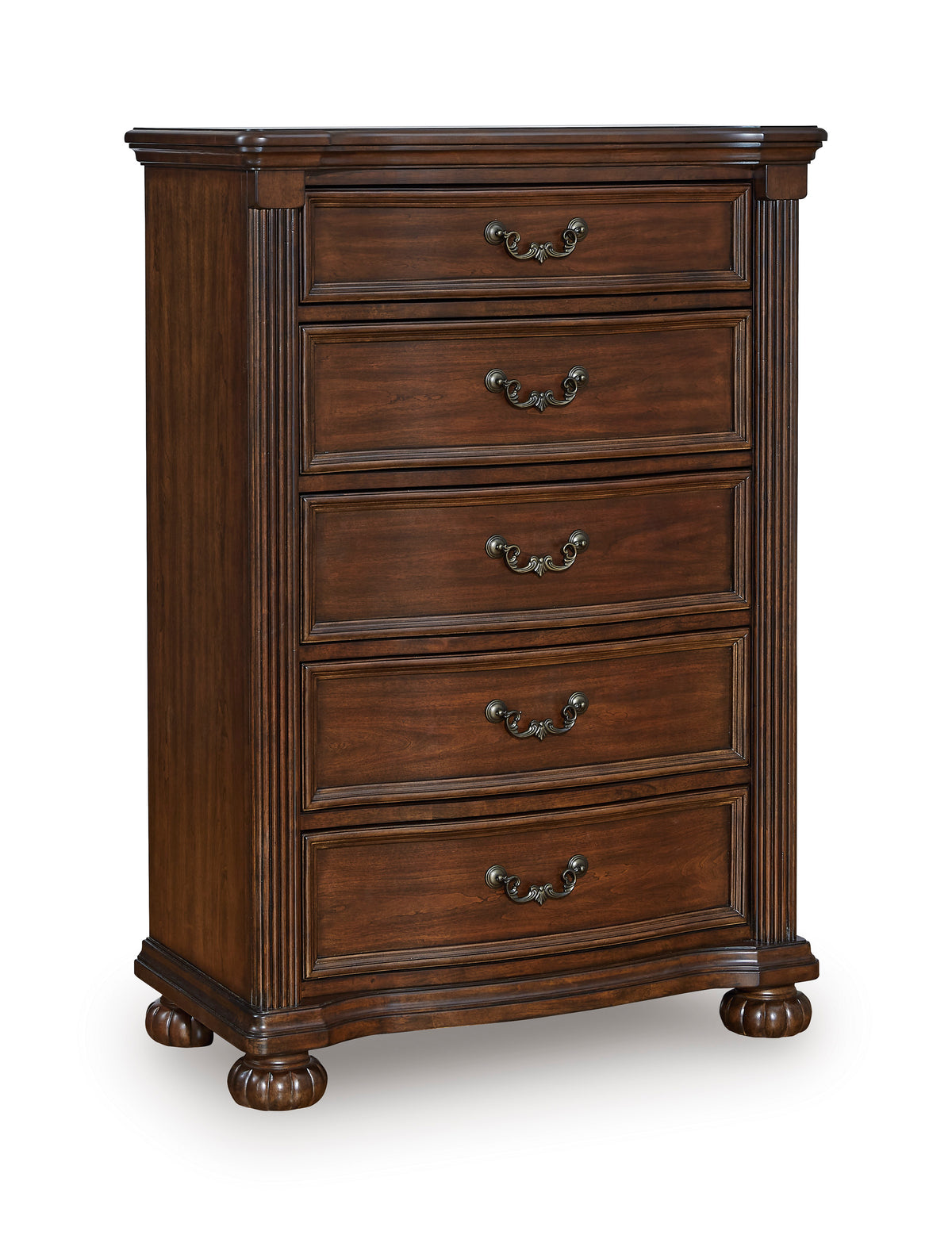 Brown, complete five-drawer chest, angled view