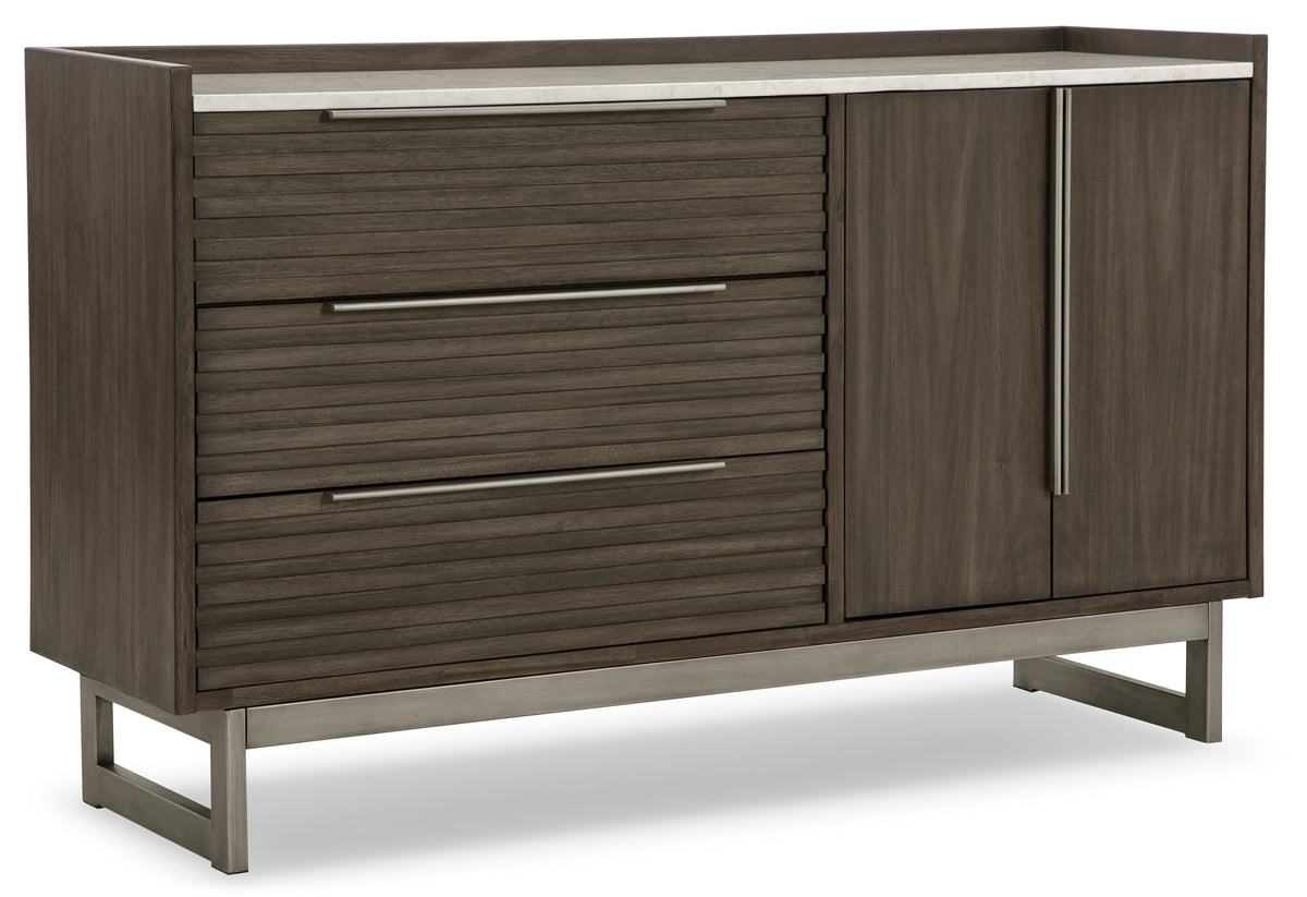 Grayish Brown/White, complete marble-top dresser and cabinet, angled view