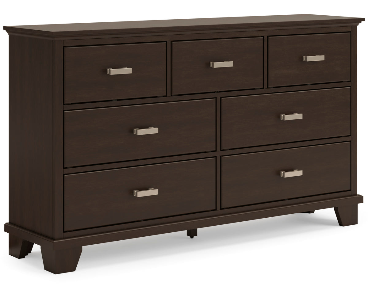 Dark Brown, complete seven-drawer dresser, angled view