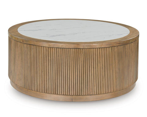 Light Brown Round Coffee Table with White Faux-Marble Top