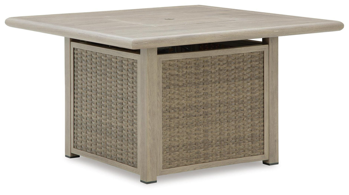 Beige, full square fire pit table with burner covered
