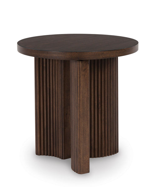 Dark Brown Round End Table with Reeded Base