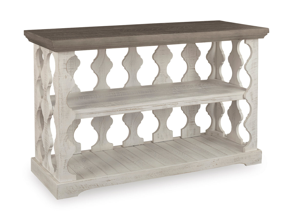 Gray/White console table with display shelves, full product view