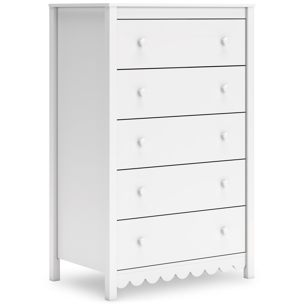 White, complete five-drawer chest, angled view