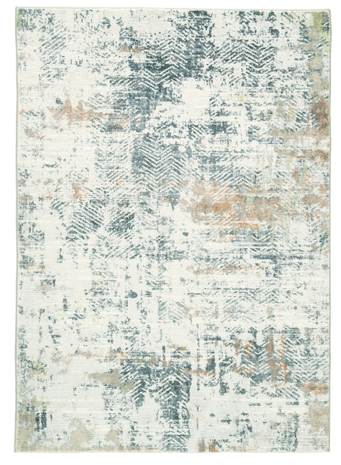 Ivory Teal and Tan Distressed Abstract Faux-Fur Rug