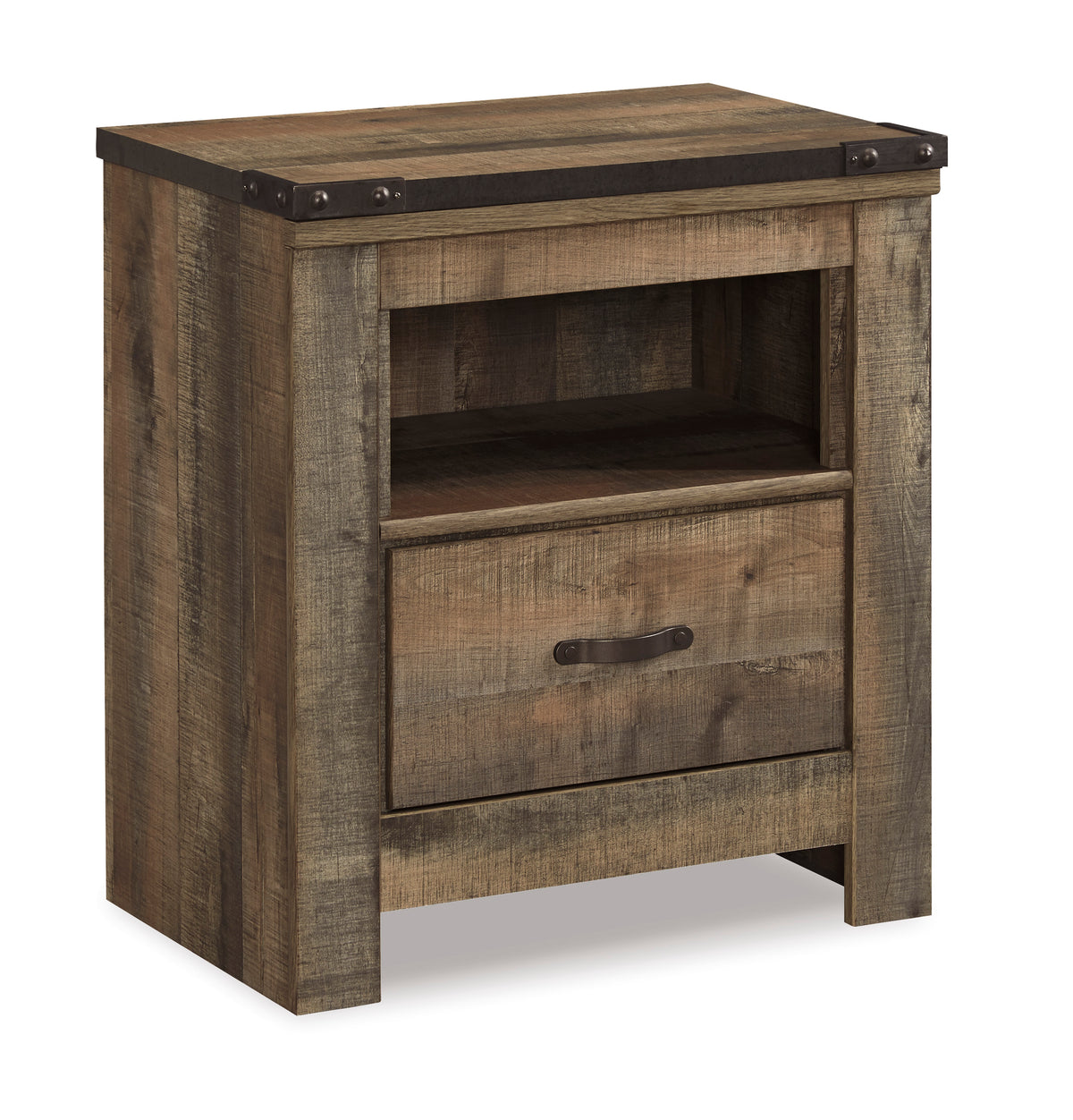 Brown, complete one-drawer nightstand, angled view