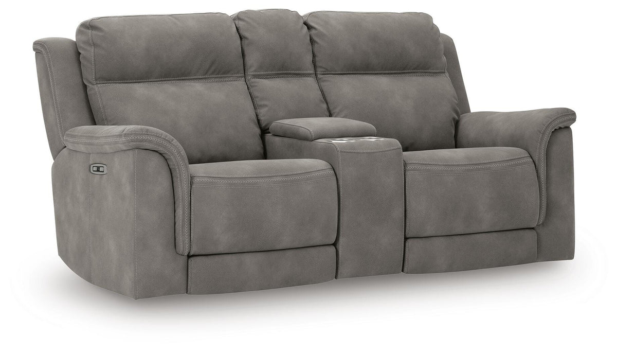 Slate, complete power reclining loveseat, angled view