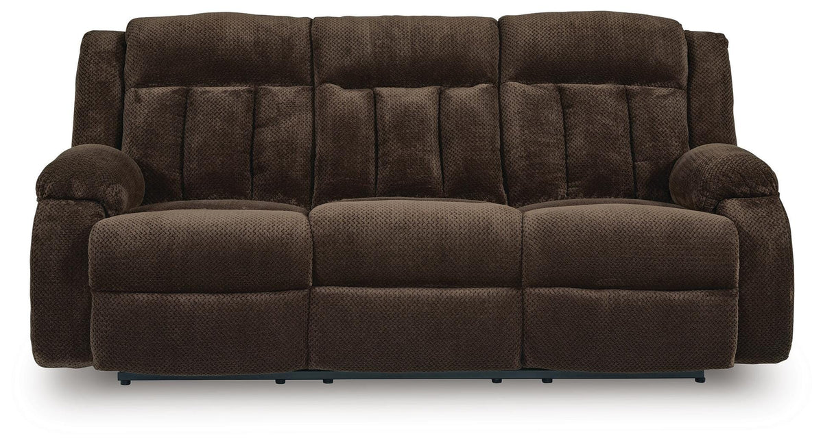 Chocolate, complete power reclining sofa, front view