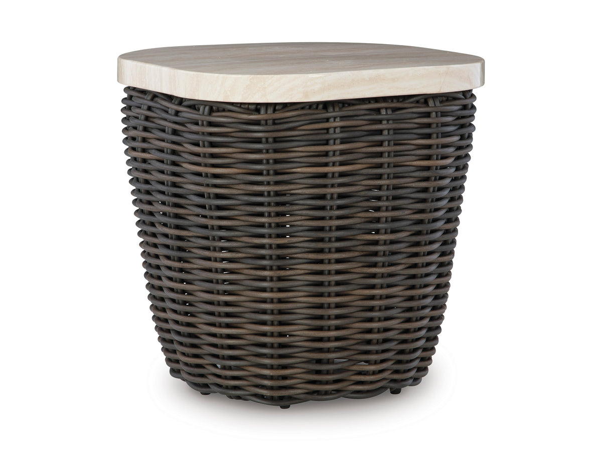Beige/Dark Brown, complete outdoor side table angled view