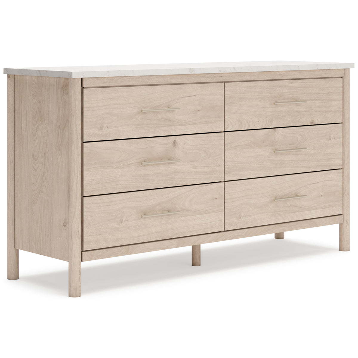Two-tone, complete six-drawer dresser, angled view