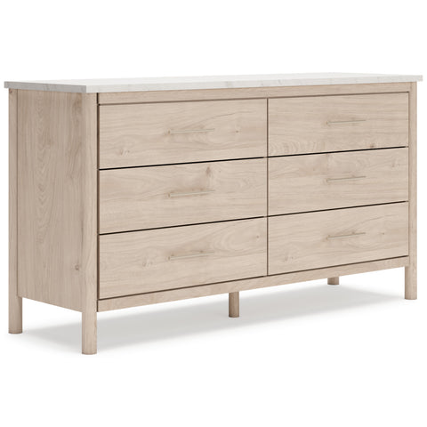 Light Oak-Grain Six-Drawer Dresser with Faux Marble Top