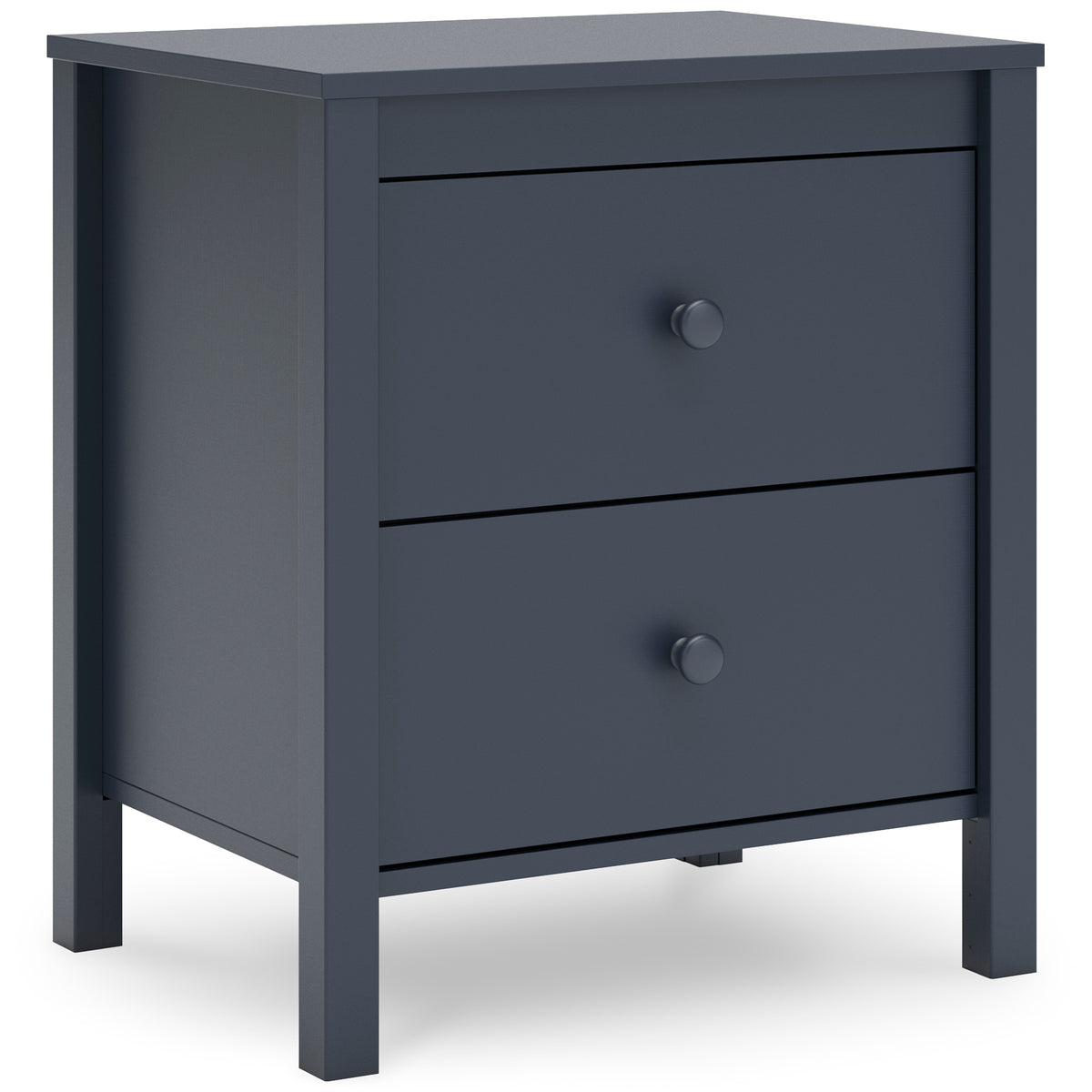 Navy Blue, complete two-drawer nightstand, angled view