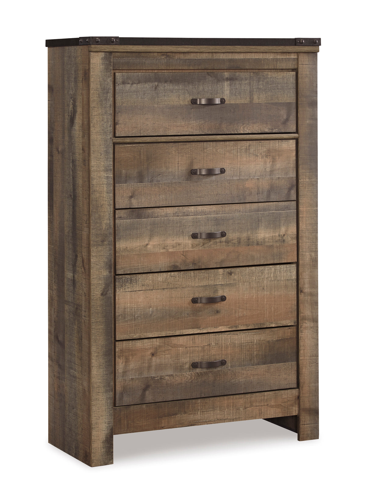 Brown, complete five-drawer chest, angled view