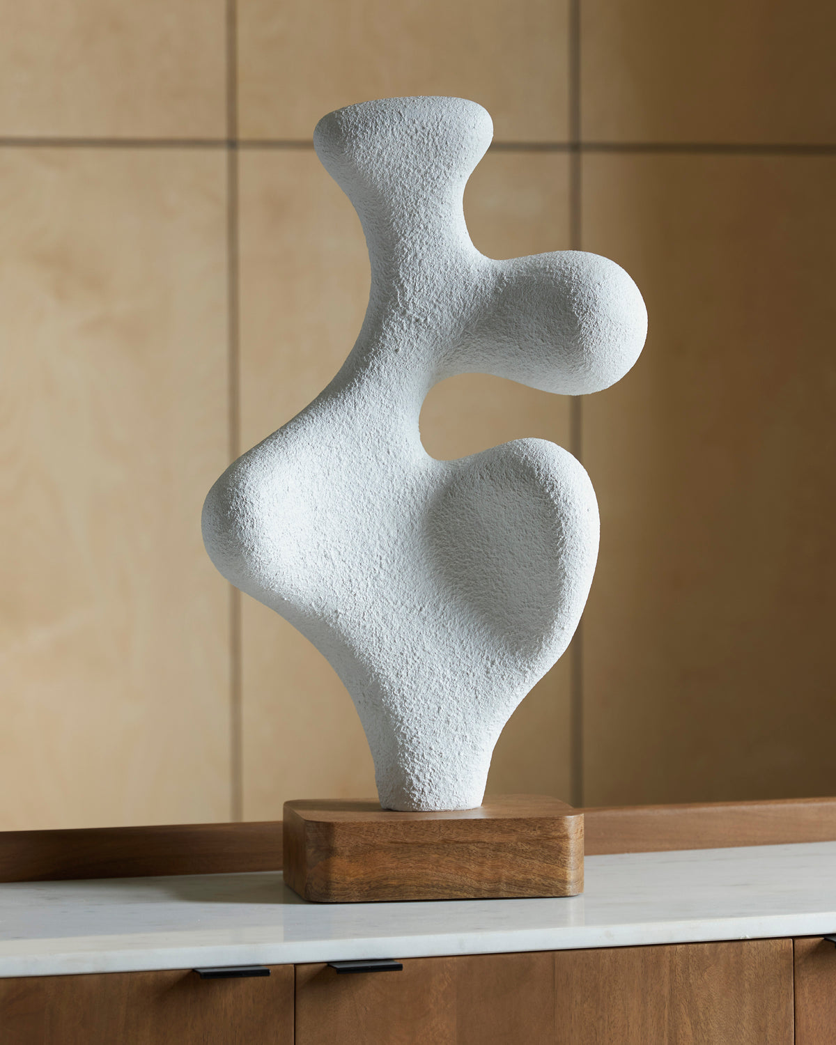 White/Brown white abstract sculpture with brown wood base, full product view